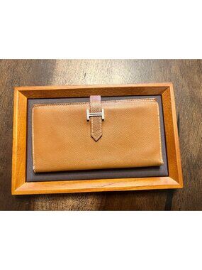 Hermès Tan Leather Bearn Wallet With Silver H Closure & Multiple Card Slots